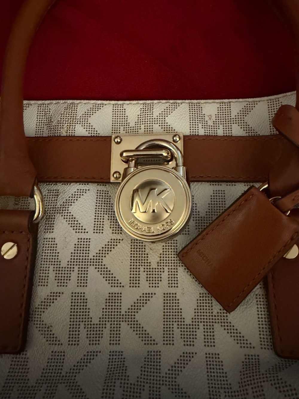 Michael Kors Hamilton Tote Cream & Tan Logo leather Satchel with Gold Hardware - Picture 2 of 9